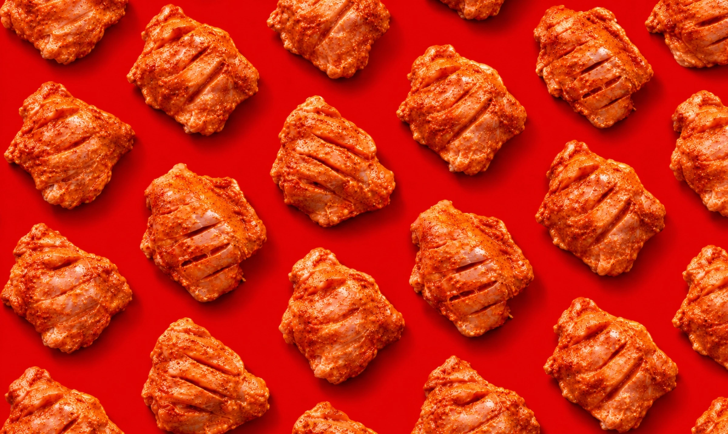Golden marinated chicken pieces arranged on a bright red background