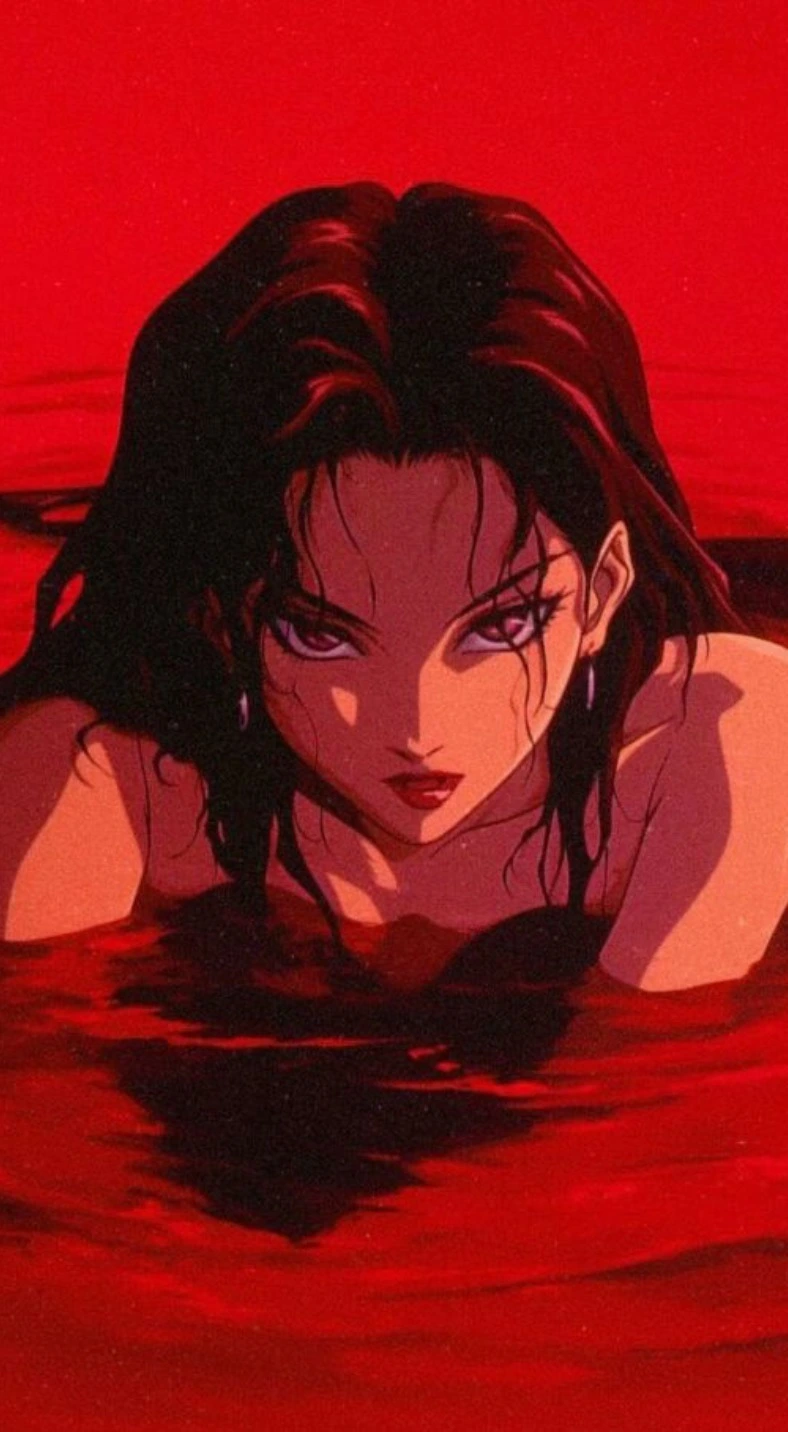 Illustrated portrait in a vivid red pool