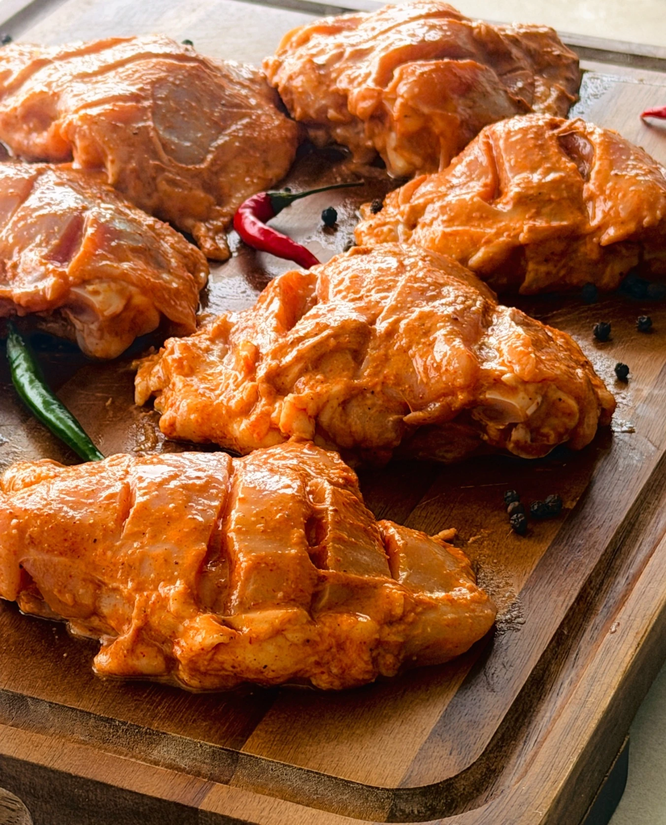 Chicken coated in a rich orange marinade with fresh chillies and spices